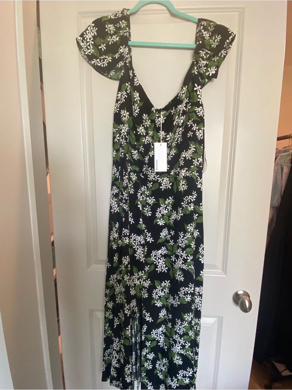 Reformation Black Dress with White Flowers and Green Leaves